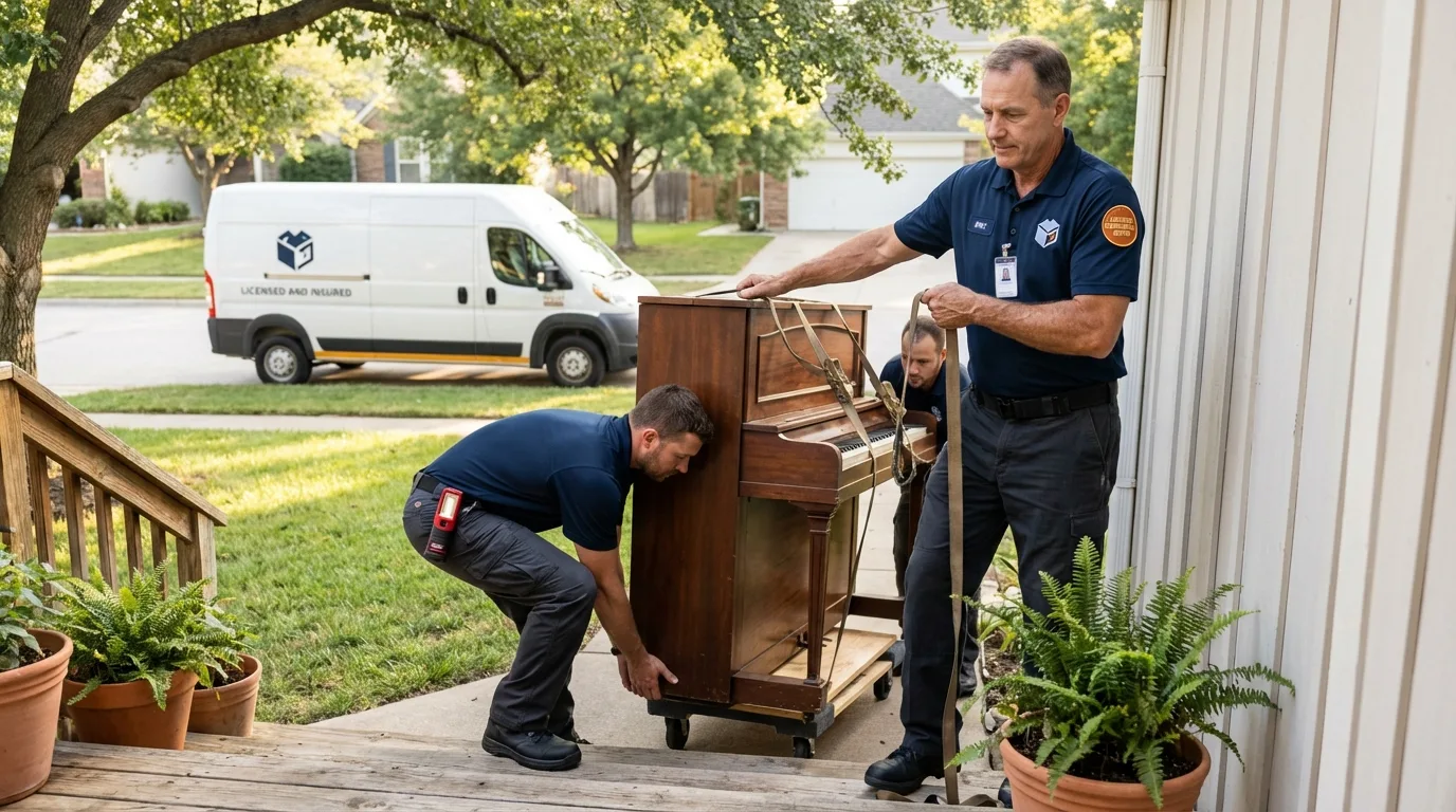 Licensed piano movers securing grand piano in Drumright, OK