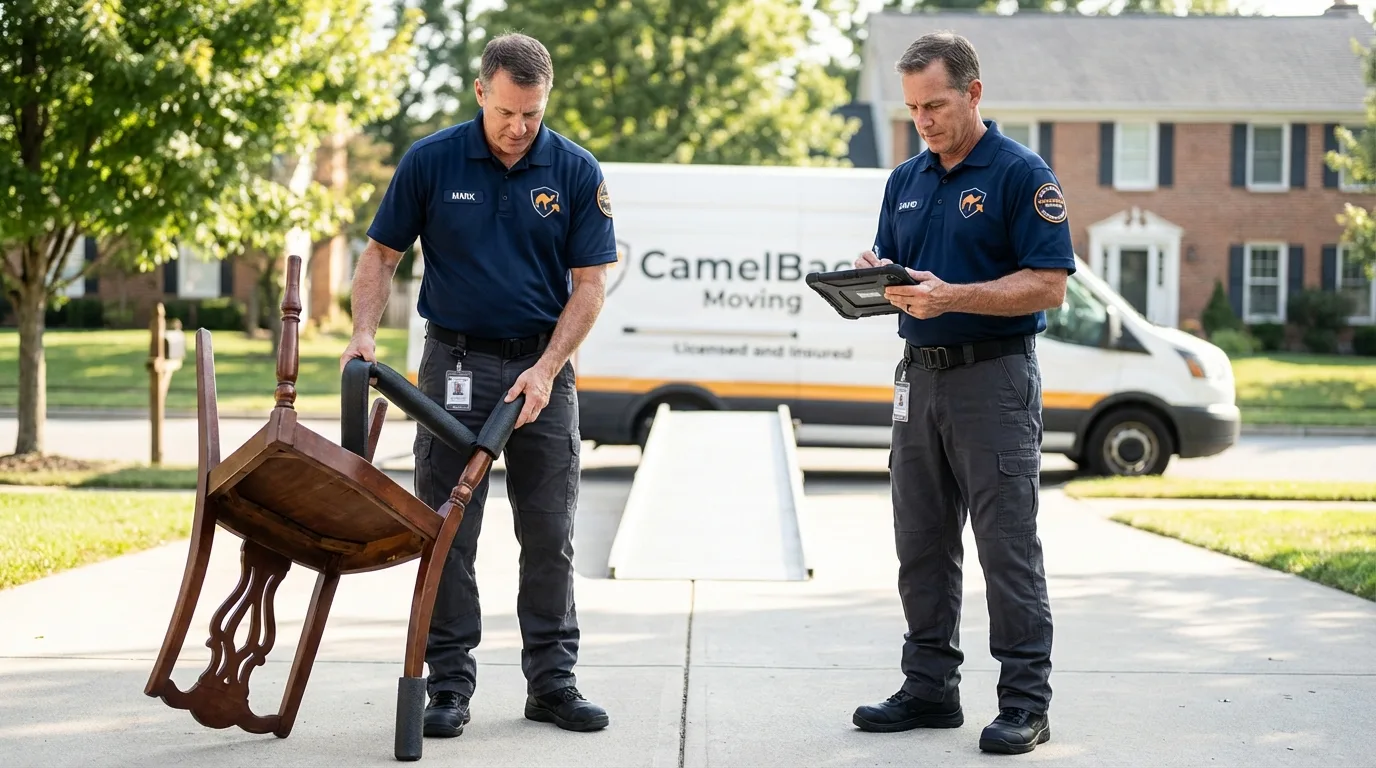 Movers inspecting furniture for damage prevention before loading in Drumright, OK